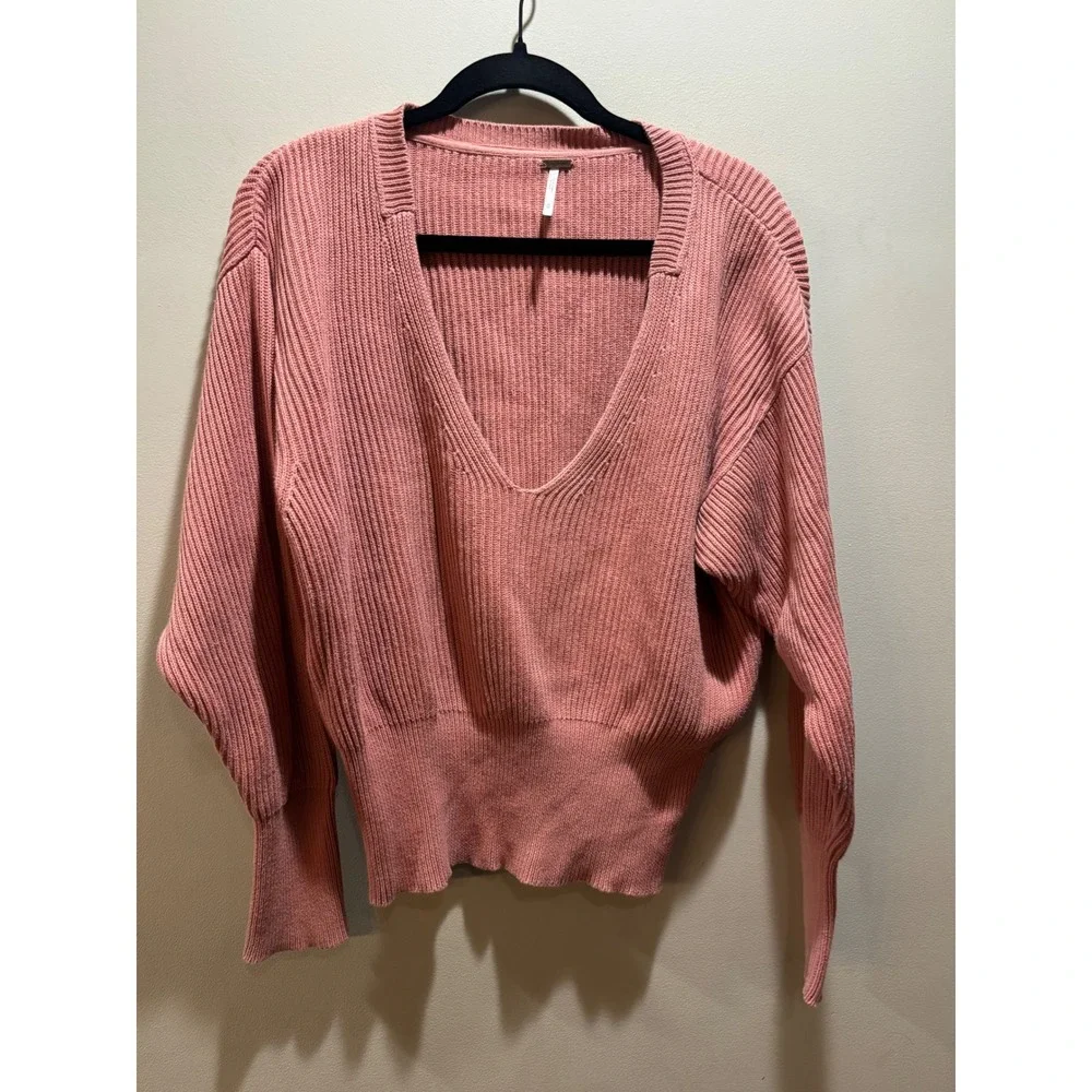 Free People Ribbed‎ V-Neck Cotton Blend Sweater Dusty Rose Pink Medium Cropped