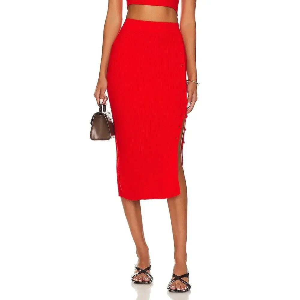 Lita by Ciara NWT Side Button‎ Rib Skirt Fiery Red Size Small MSRP $228