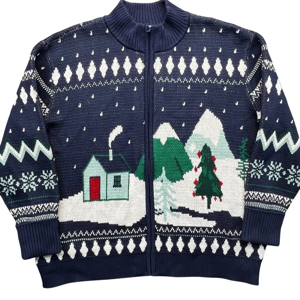 Coldwater Creek Navy Blue Christmas Scene Fair Isle Zip Up‎ Sweater PL