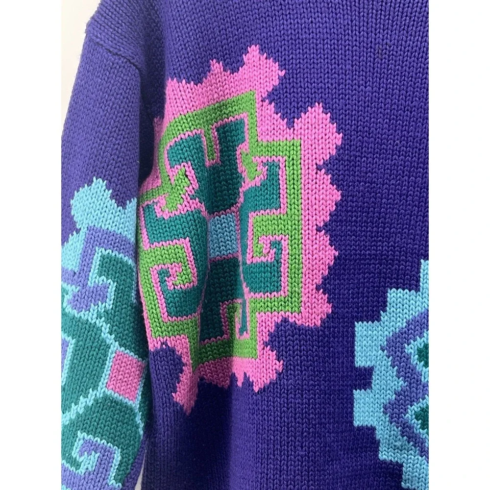 VTG Esprit Sport Purple Geometric Knit Wool Blend 80s Sweater Womens S Oversized