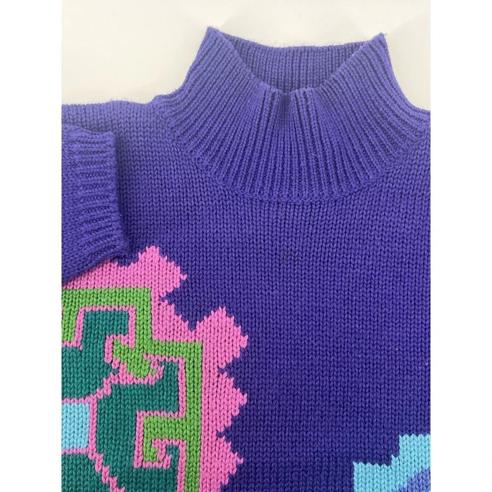 VTG Esprit Sport Purple Geometric Knit Wool Blend 80s Sweater Womens S Oversized
