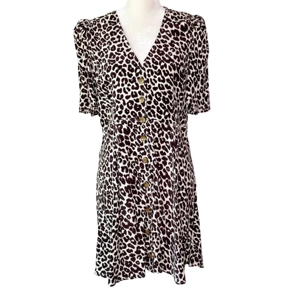 Something Navy Large Button‎ Front Mini Dress Brown Ganache Animal Print NEW