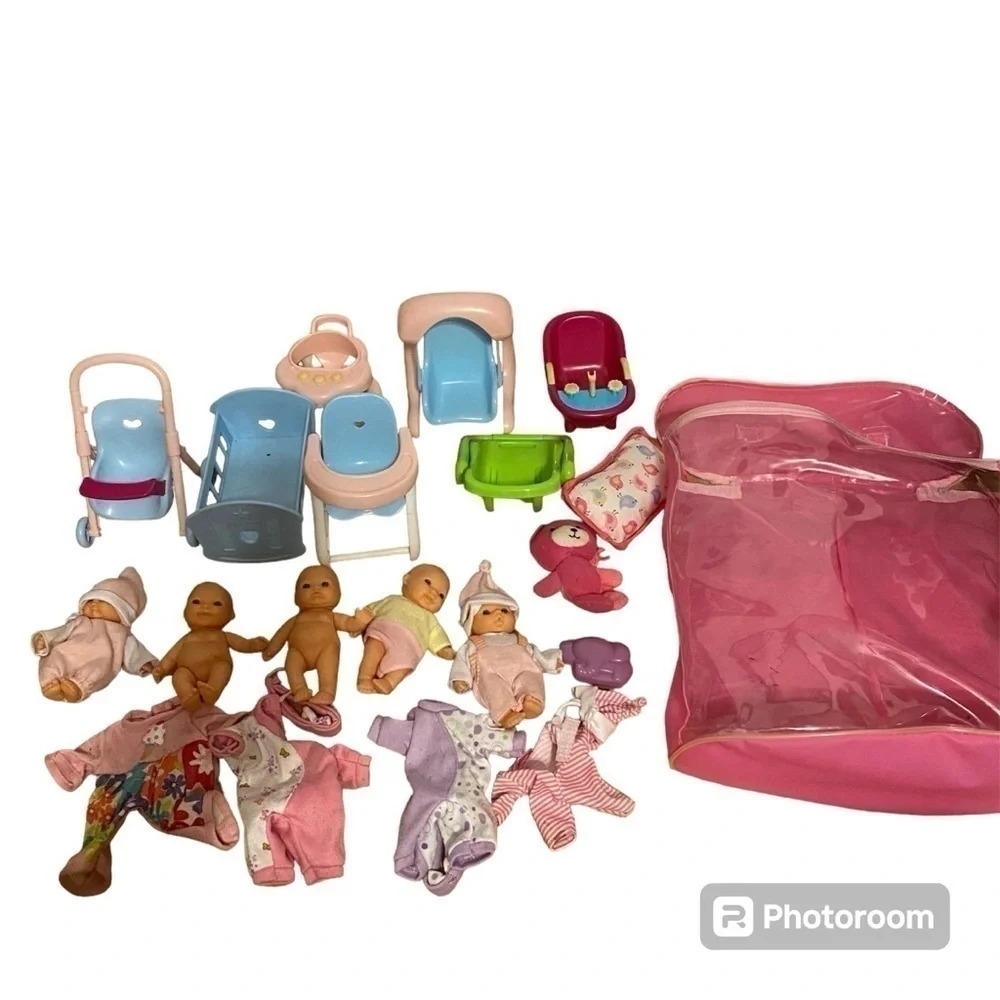 Mini Doll Quintuplets Baby Play Set Crib Swing High Chair Walker Tub Born Zapf