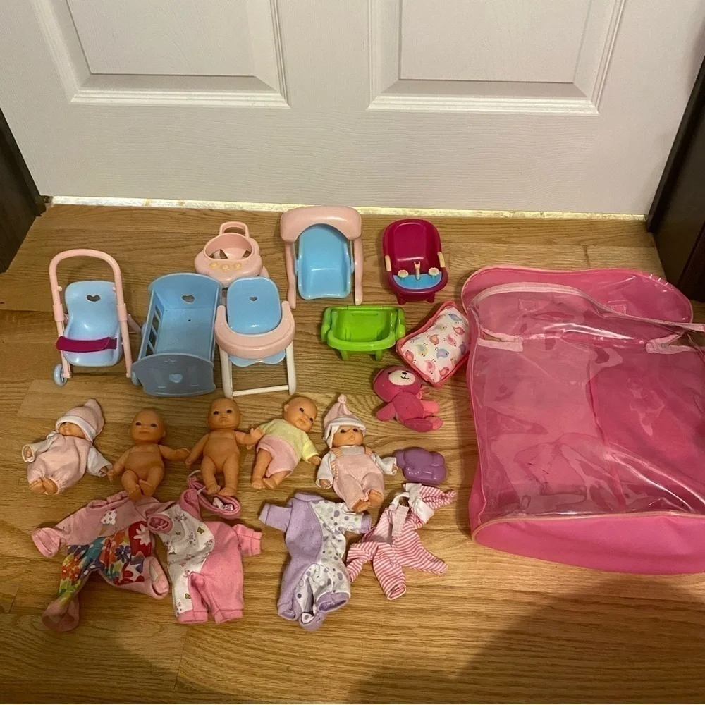 Mini Doll Quintuplets Baby Play Set Crib Swing High Chair Walker Tub Born Zapf