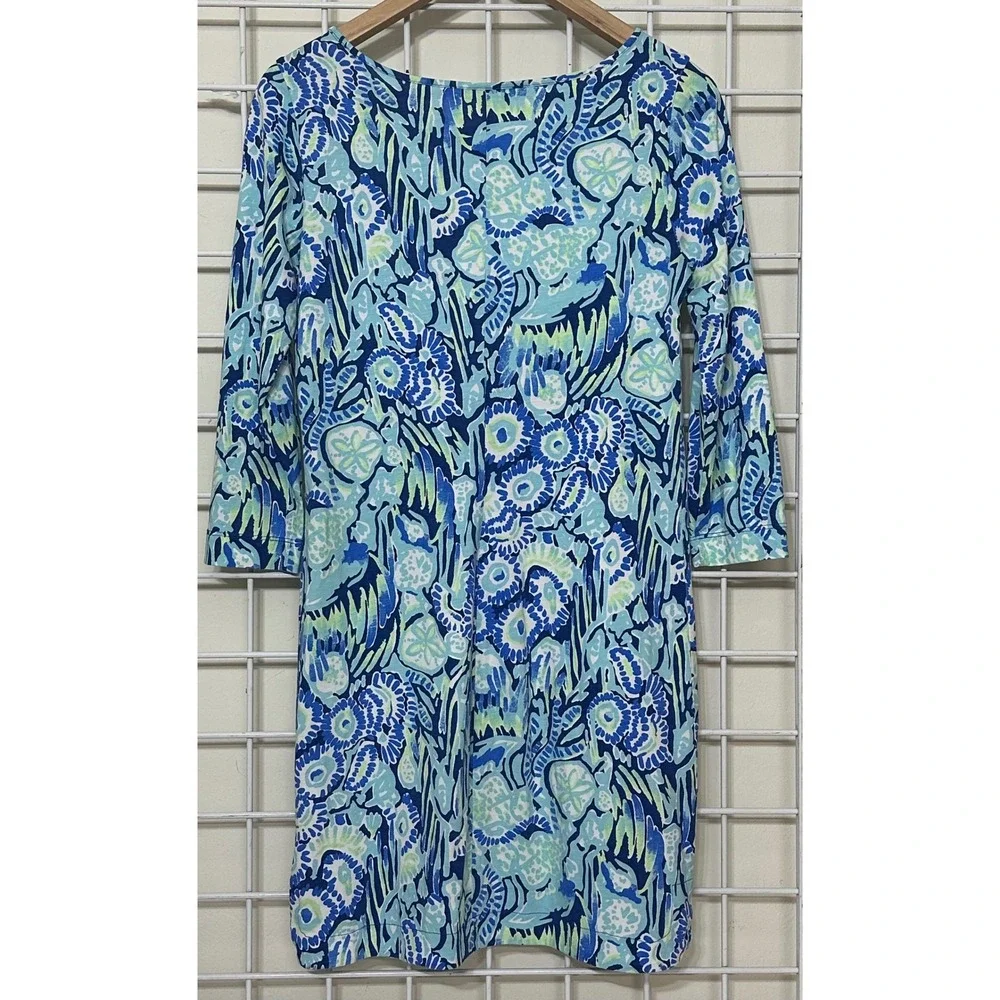 Lilly‎ Pulitzer Marlowe Dress Women's Small S Blue Green Floral 3/4 Sleeve