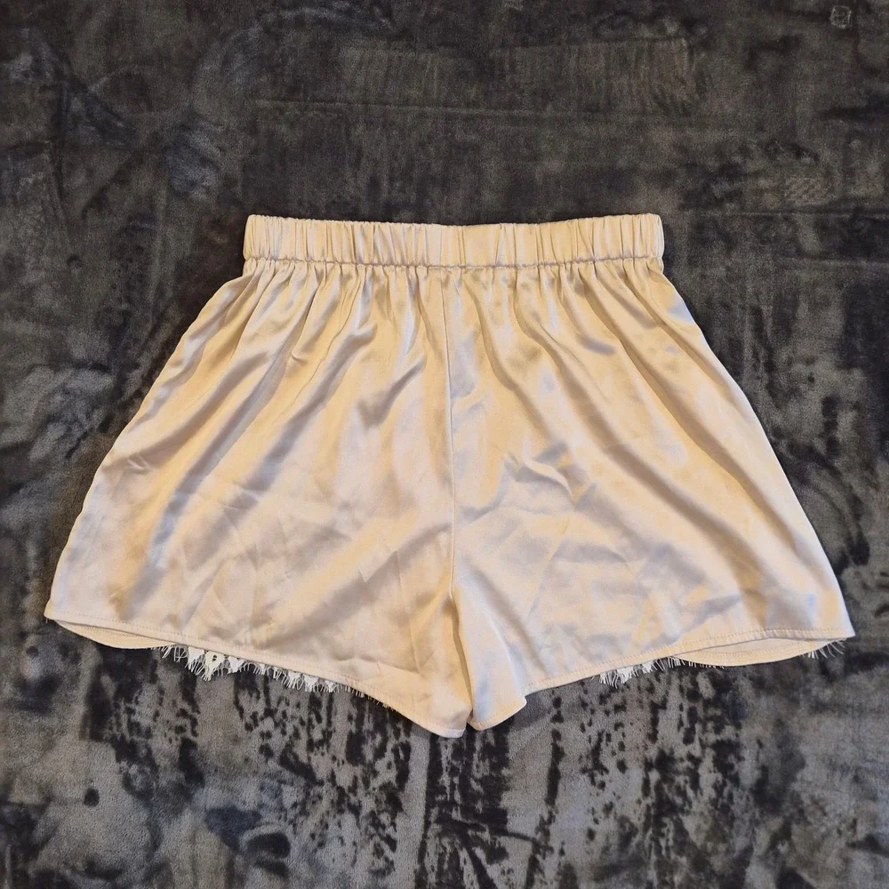 Champagne Satin Lace Trim Lounge Shorts Sleepwear Beige Small