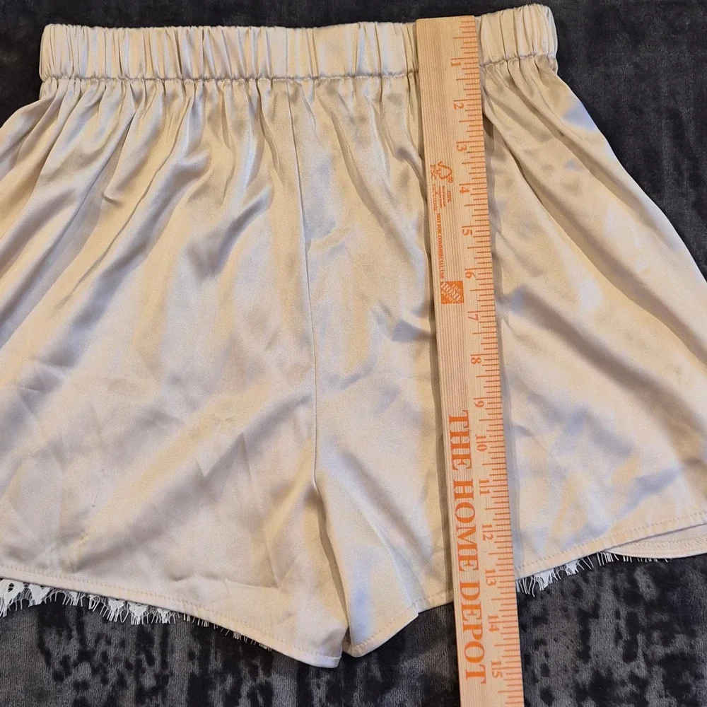 Champagne Satin Lace Trim Lounge Shorts Sleepwear Beige Small