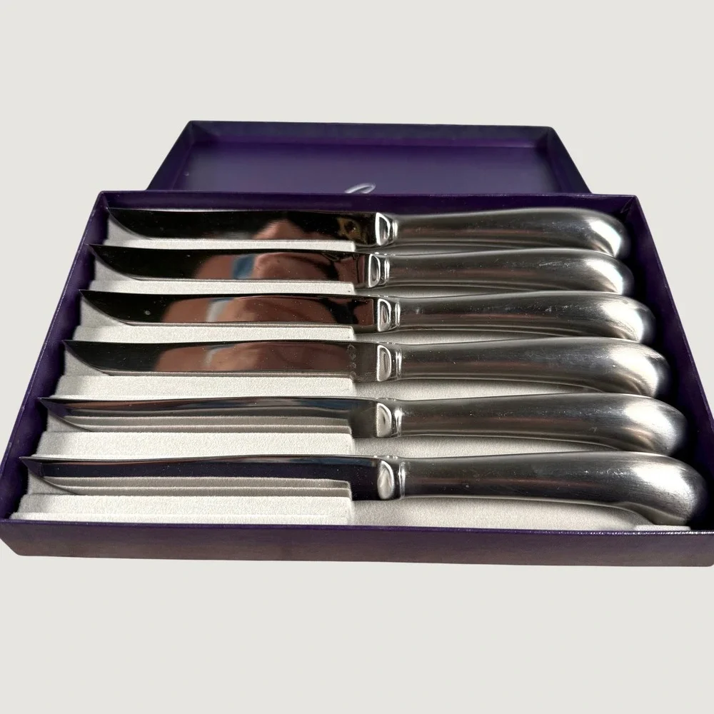 Leonard Silver Steak Knife Set 6pc Serrated Pistol Grip Stainless Steel Vintage