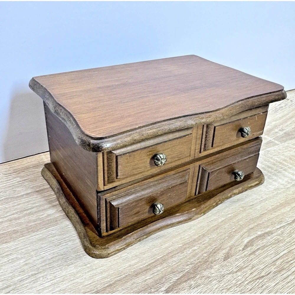 Wooden Jewelry Box Mini Chest 4 Drawer Mirror‎ Top Trinket Storage