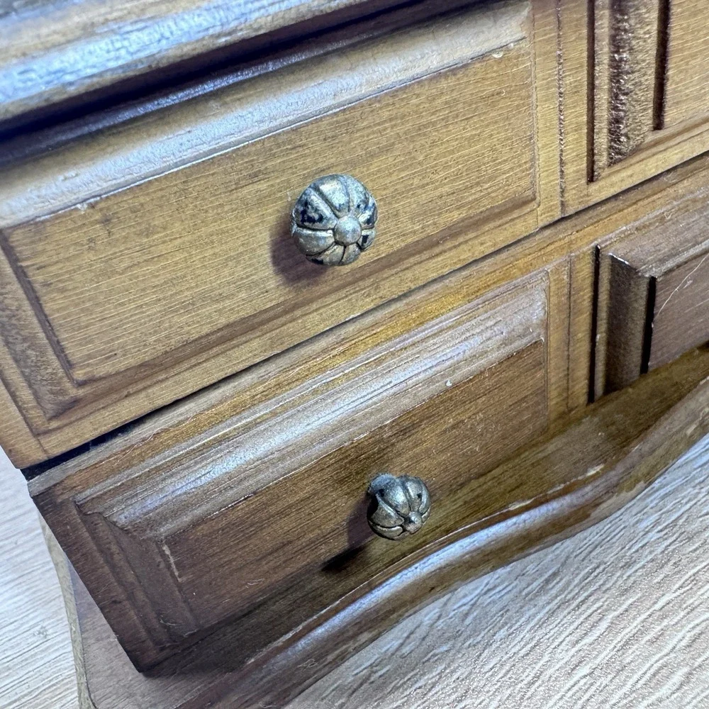 Wooden Jewelry Box Mini Chest 4 Drawer Mirror‎ Top Trinket Storage