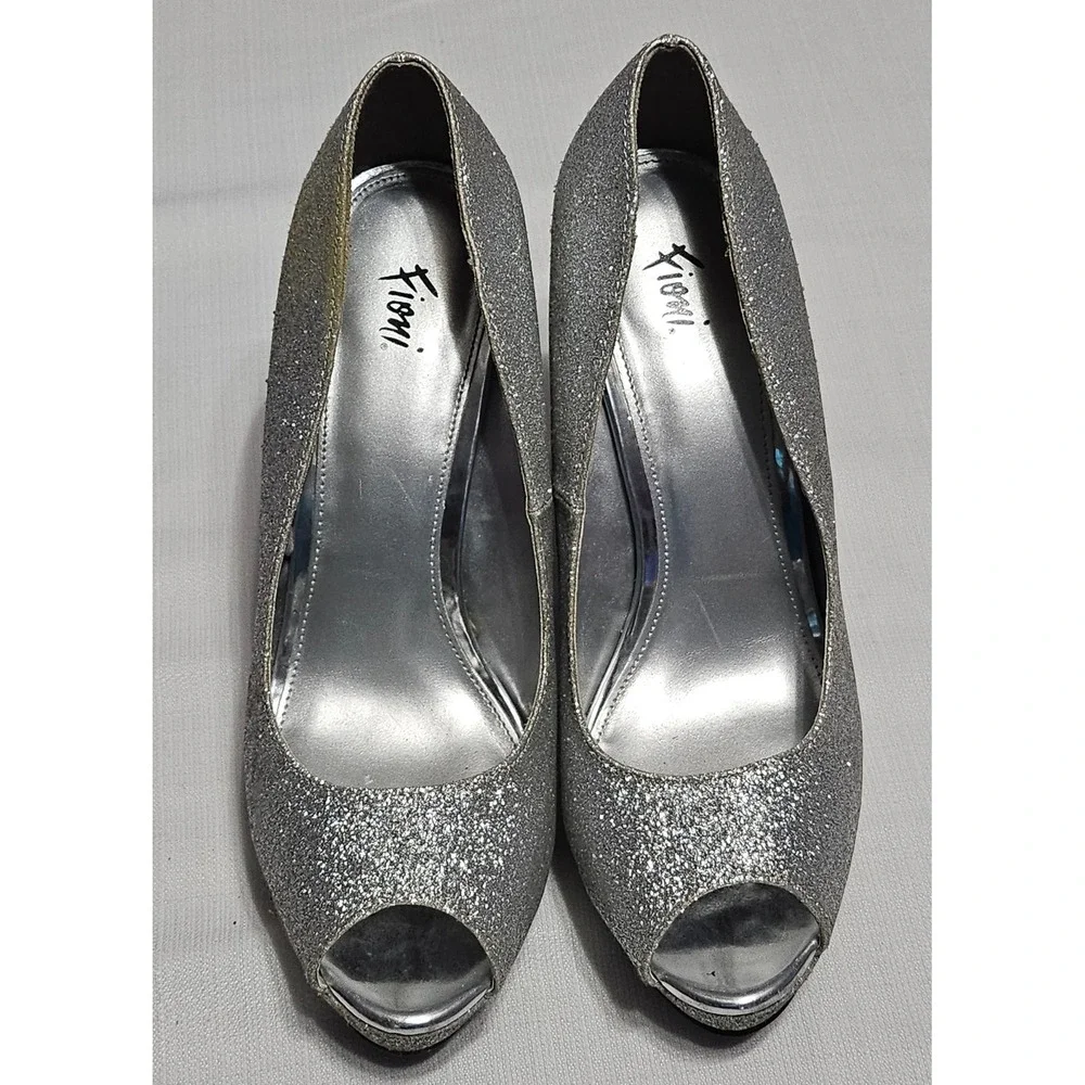 Fioni Luster Silver Glitter Peep Toe Platform Stiletto Heels Shoes Womens 7.5‎