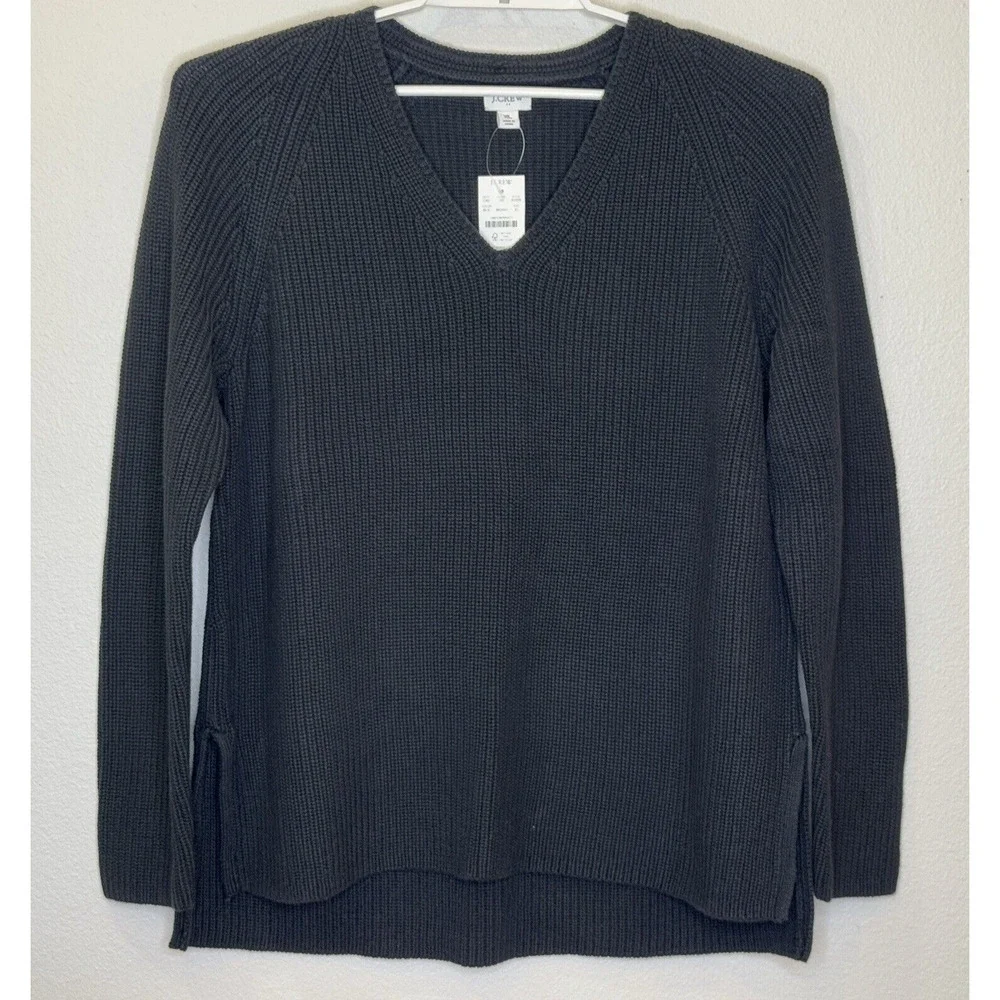 J.Crew Chunky Knit Tunic Sweater Womens Sz‎ XL Black V-Neck Long Sleeve NEW