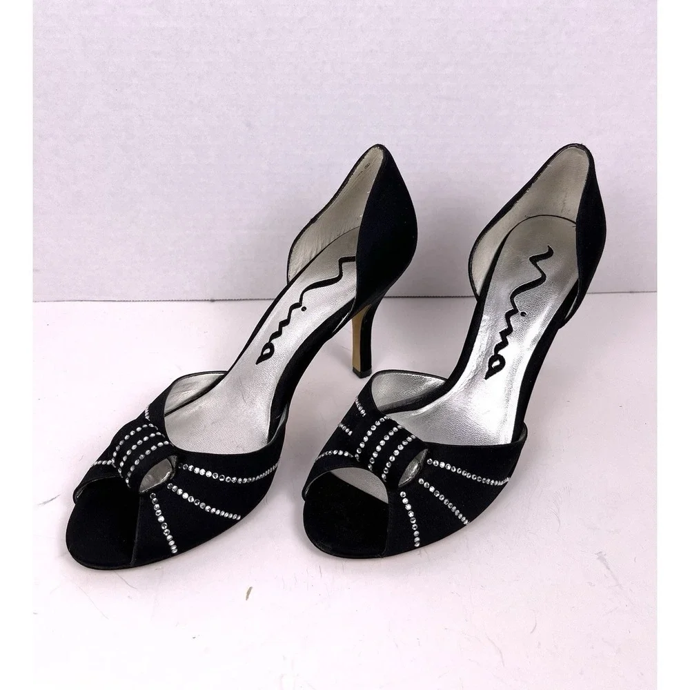 Nina New York Black Satin Platform Stiletto Heel Rhinestone Cluster Peep Toe 7.5