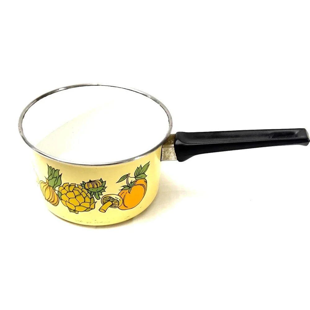 Vintage Enamelware Cera-Met Pot Yellow Mushroom Veggie Print 70’s Retro
