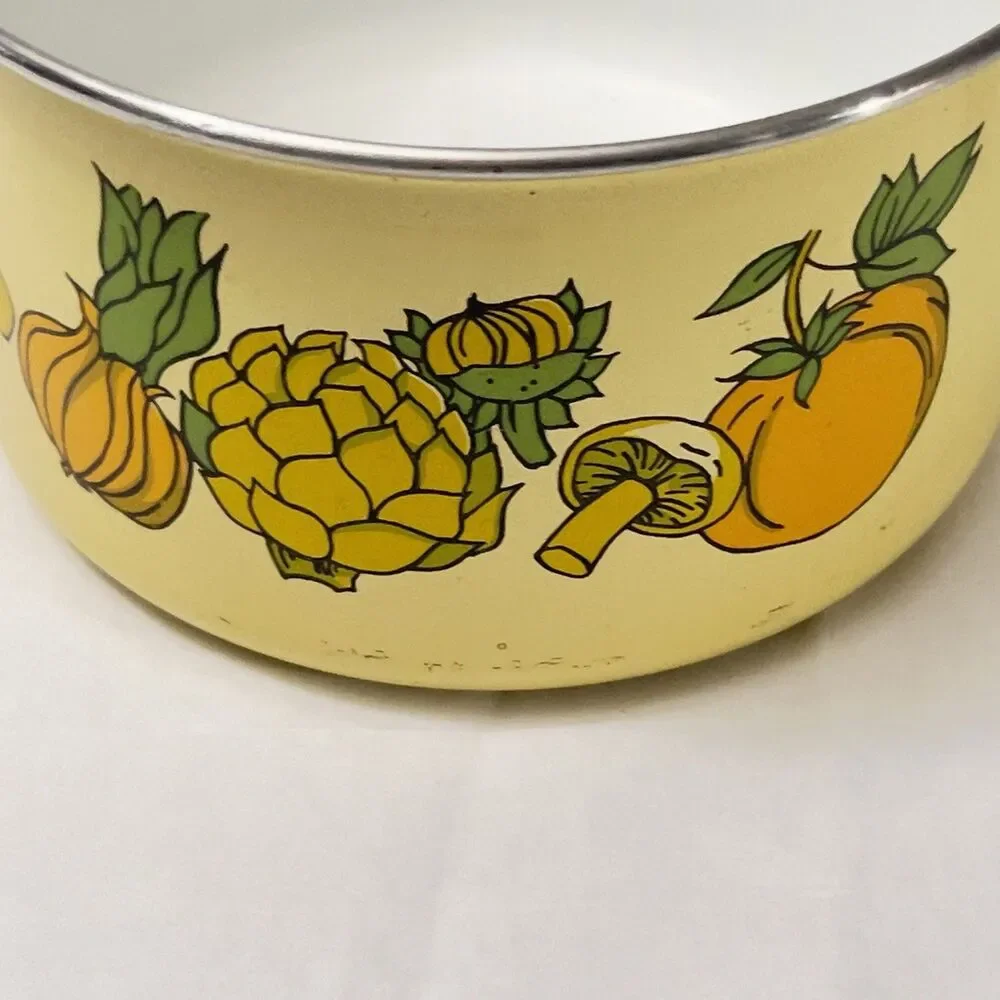 Vintage Enamelware Cera-Met Pot Yellow Mushroom Veggie Print 70’s Retro