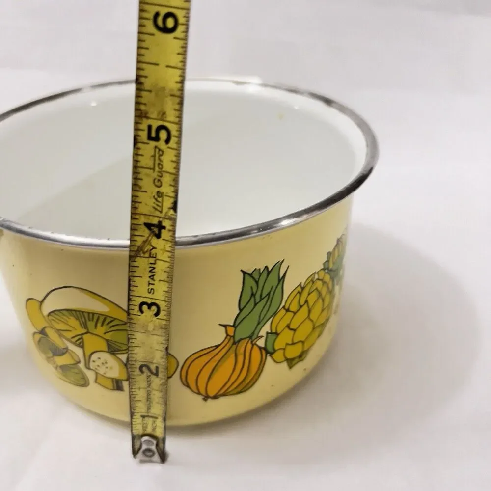 Vintage Enamelware Cera-Met Pot Yellow Mushroom Veggie Print 70’s Retro