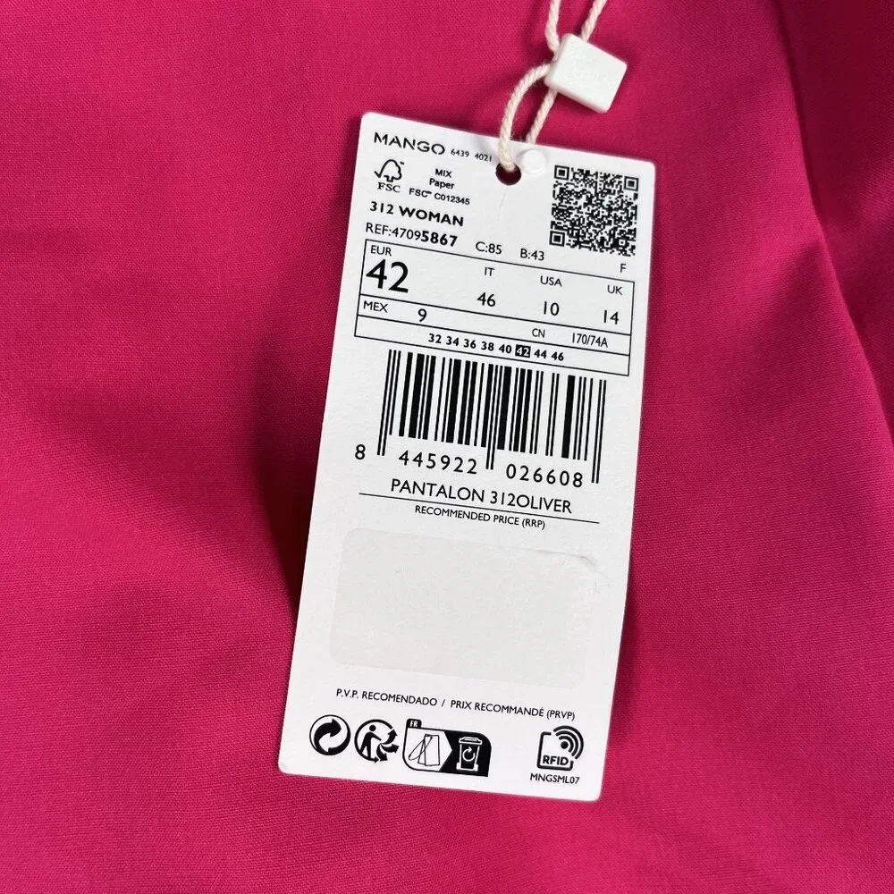 NWT Mango Womens Straight Culotte Cropped High Rise‎ Hot Pink Trousers Sz 10