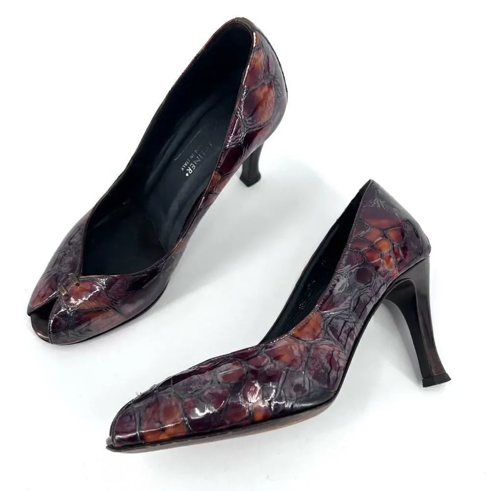 Donald J Pliner tortoise peep‎ toe pumps size 6.5 patent patchwork