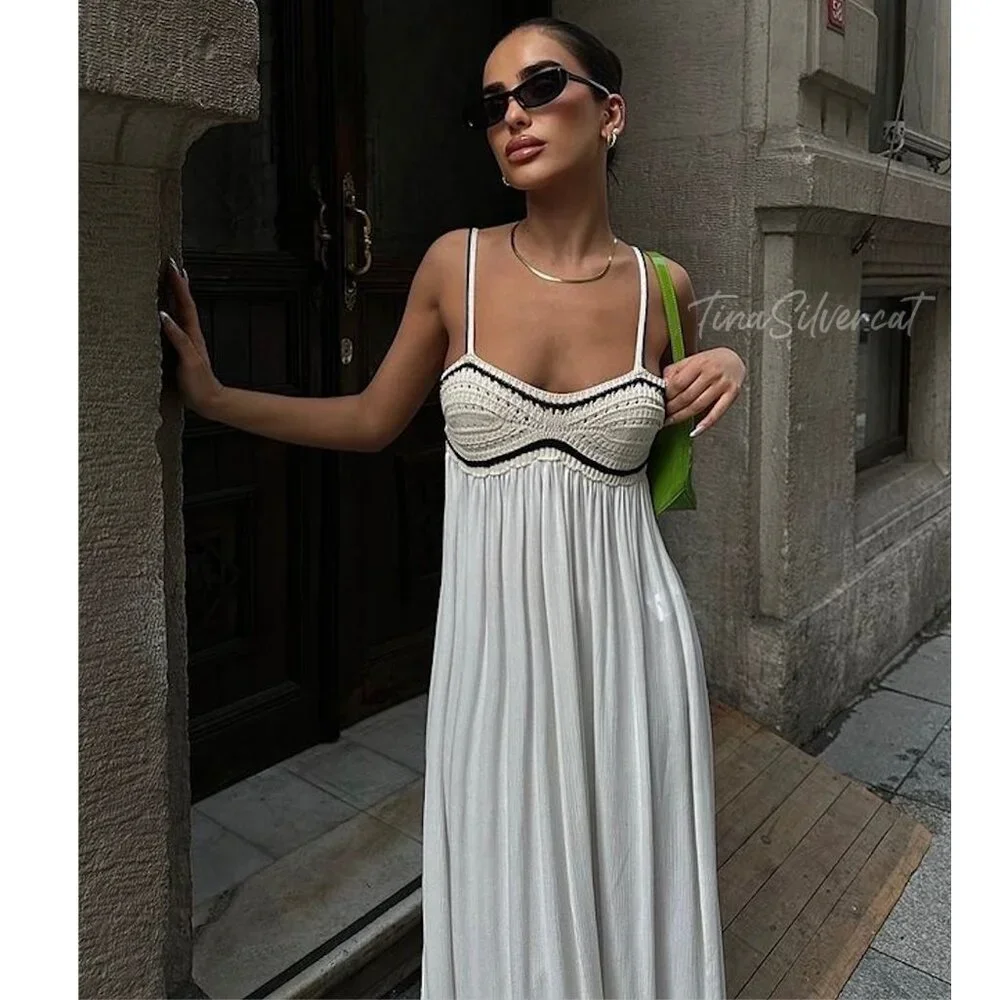 Zara Combination Knit Maxi Dress Ecru Black Sz M NWT