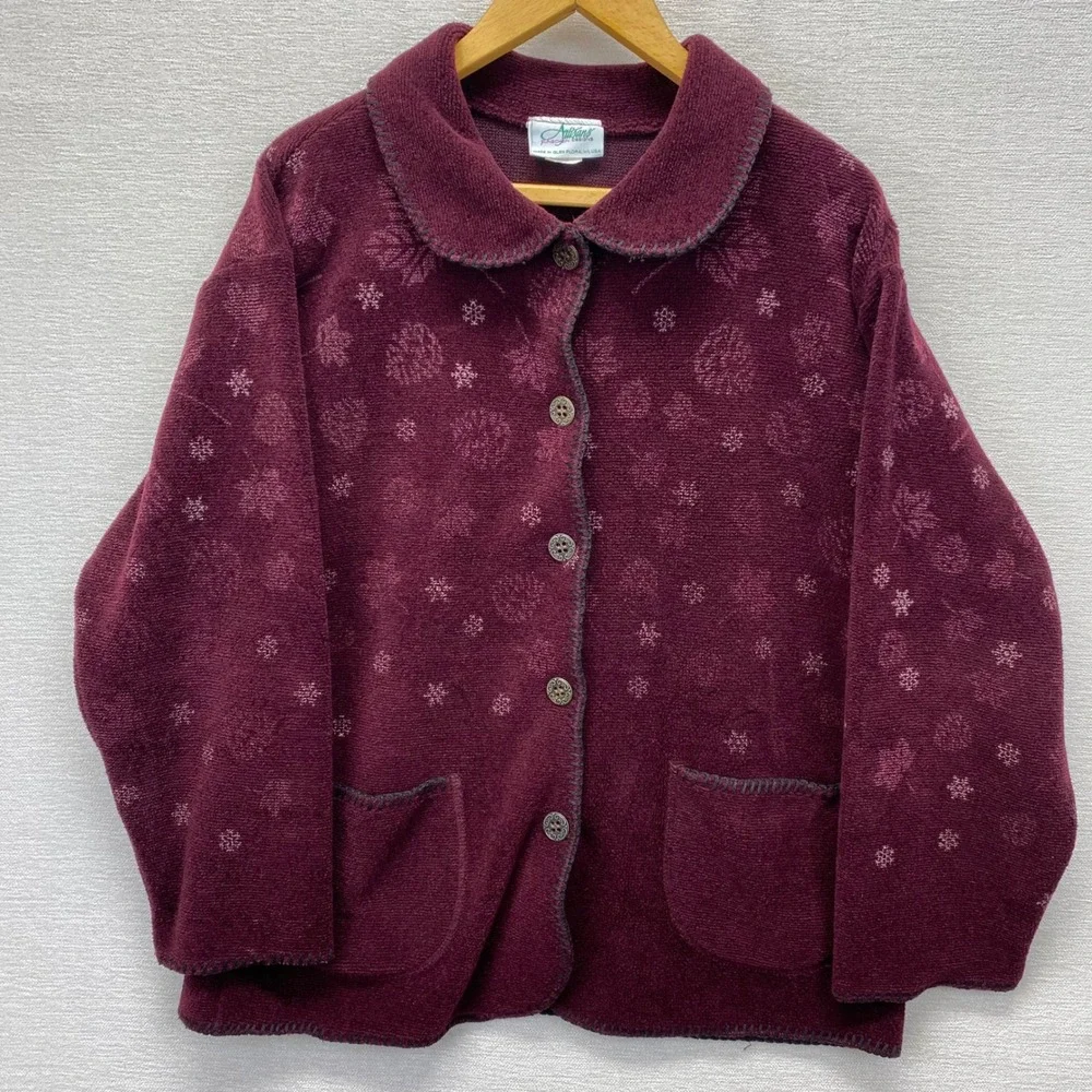Artisans Sunschein Designs Fleece Jacket Womens Medium Burgundy Snowflake USA‎