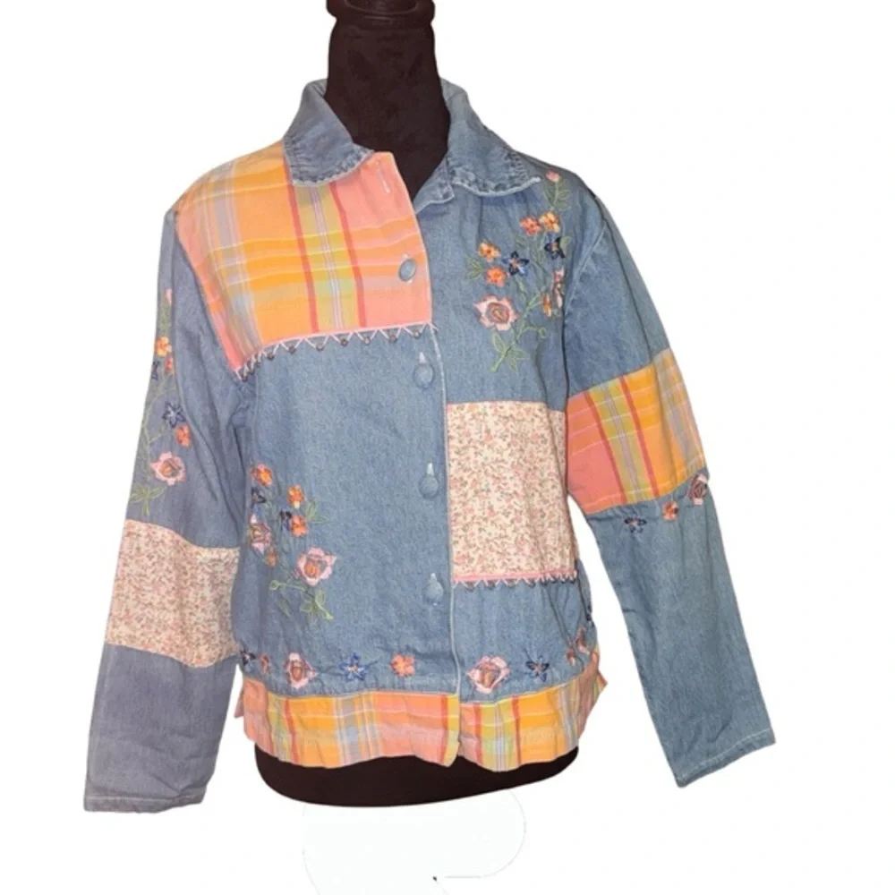 Vtg Bleu Bayou Denim patchwork blazer Embroidered floral‎ art  boho Size small