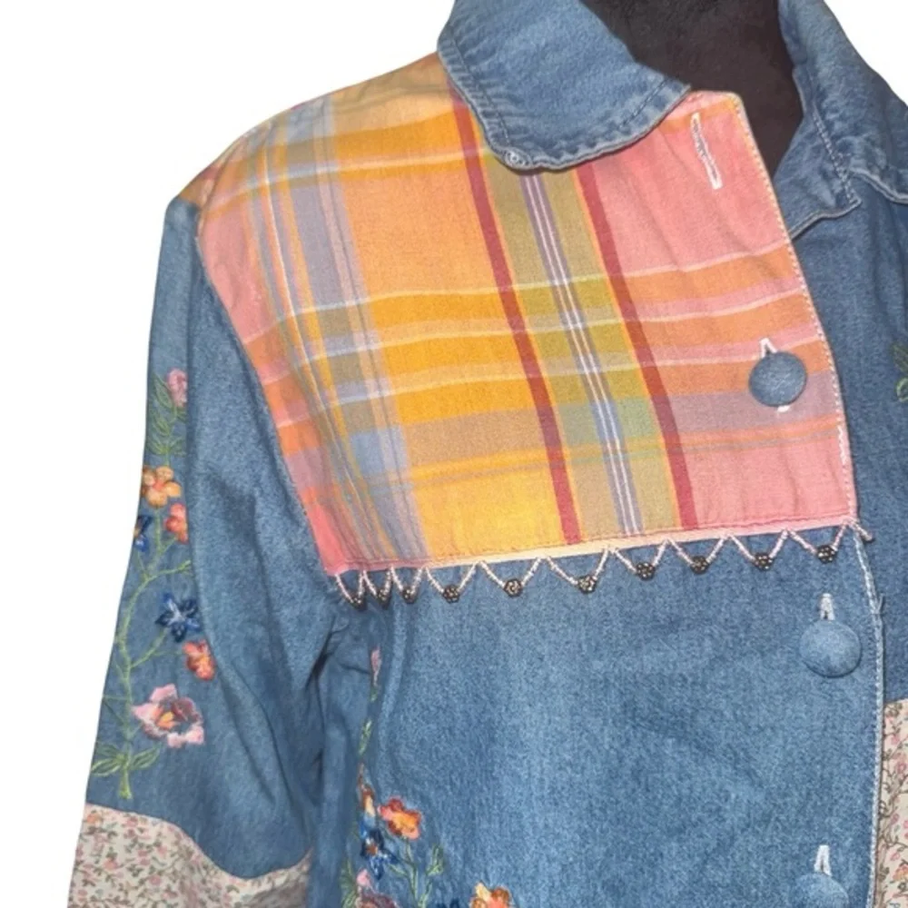 Vtg Bleu Bayou Denim patchwork blazer Embroidered floral‎ art  boho Size small