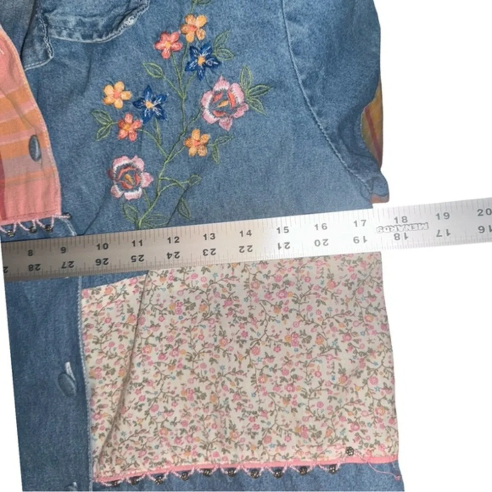 Vtg Bleu Bayou Denim patchwork blazer Embroidered floral‎ art  boho Size small