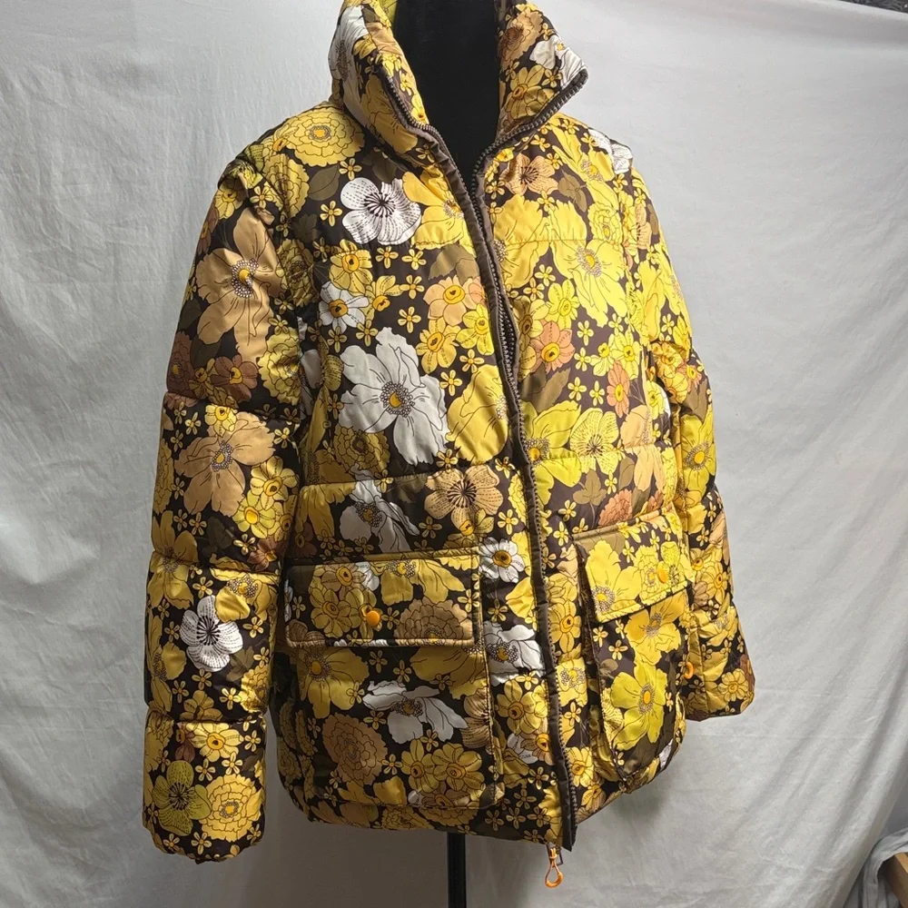Zara‎ Floral Puffer Jacket in Yellow and Brown