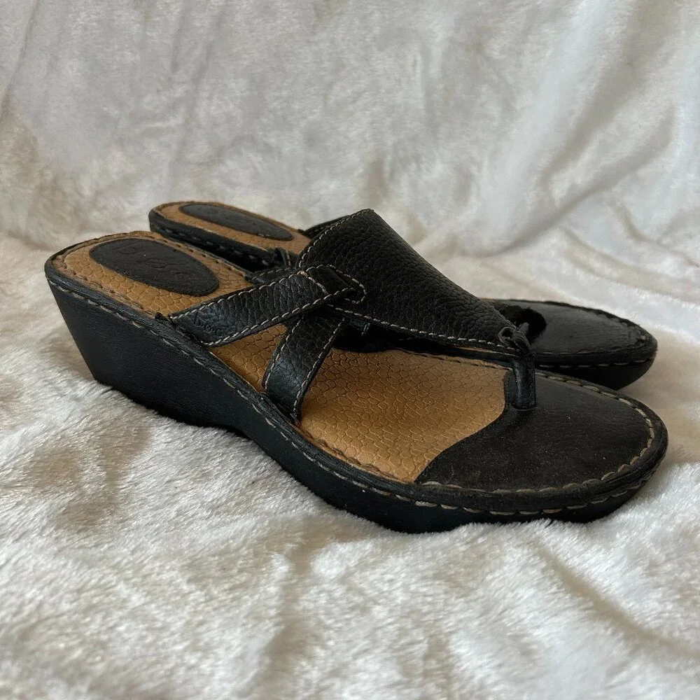 BOC Wedge‎ Sandals Womens Size 39 Black Thong Leather Boho Cottagecore
