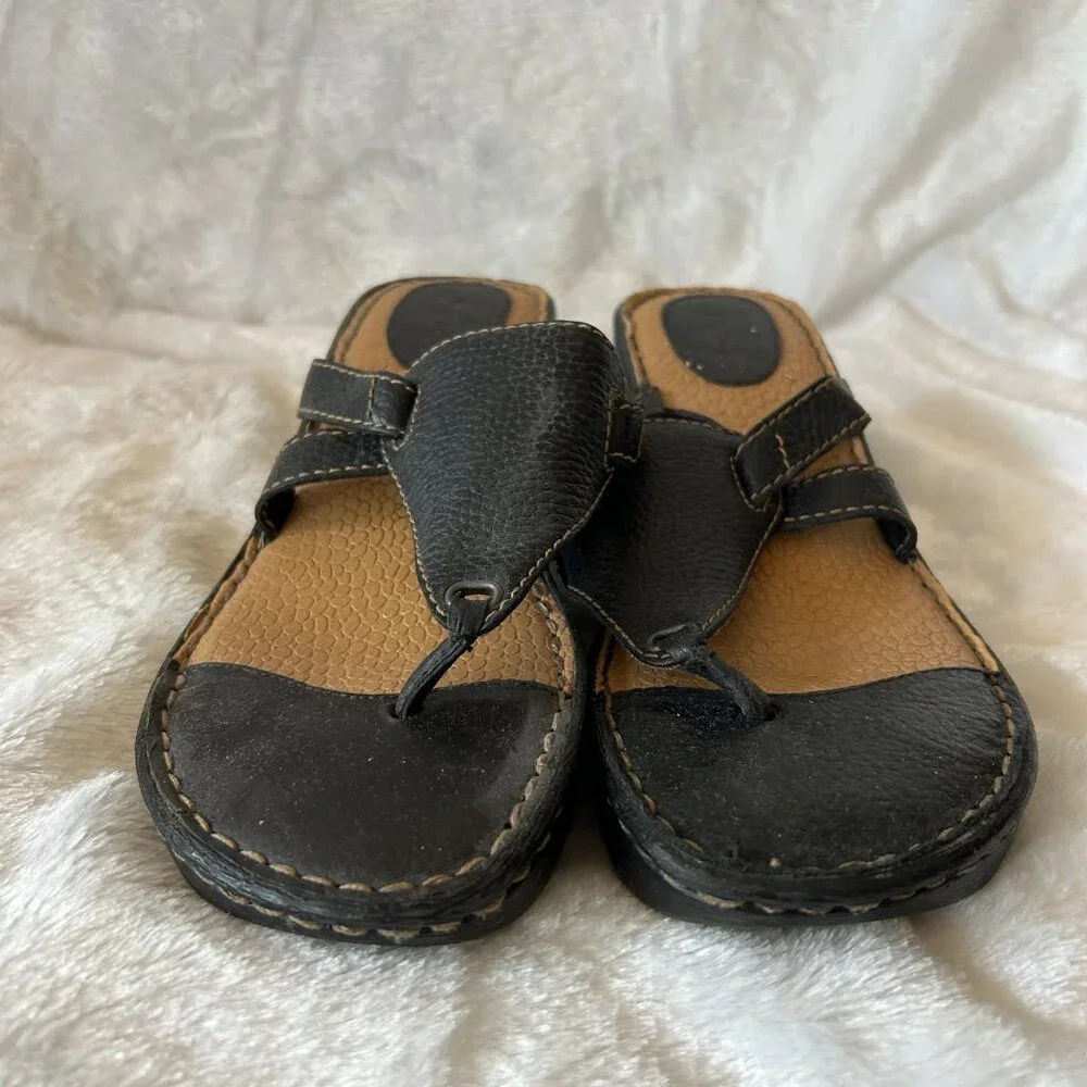 BOC Wedge‎ Sandals Womens Size 39 Black Thong Leather Boho Cottagecore
