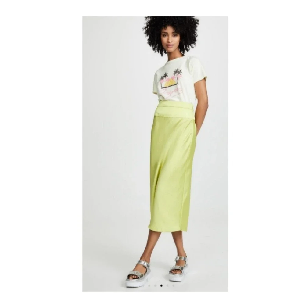 Free People Norman Bias Midi Skirt‎ Lime Green Silky Polyester Side Zip SZ 0