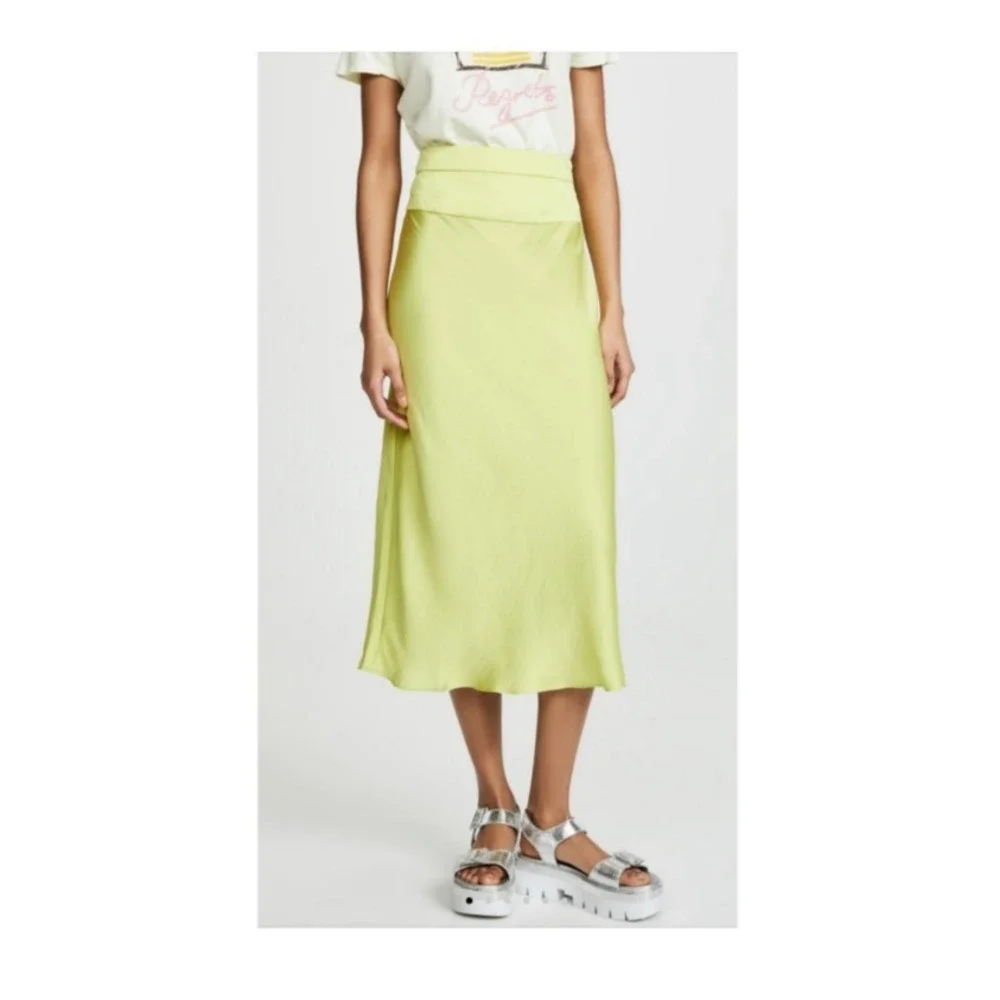 Free People Norman Bias Midi Skirt‎ Lime Green Silky Polyester Side Zip SZ 0