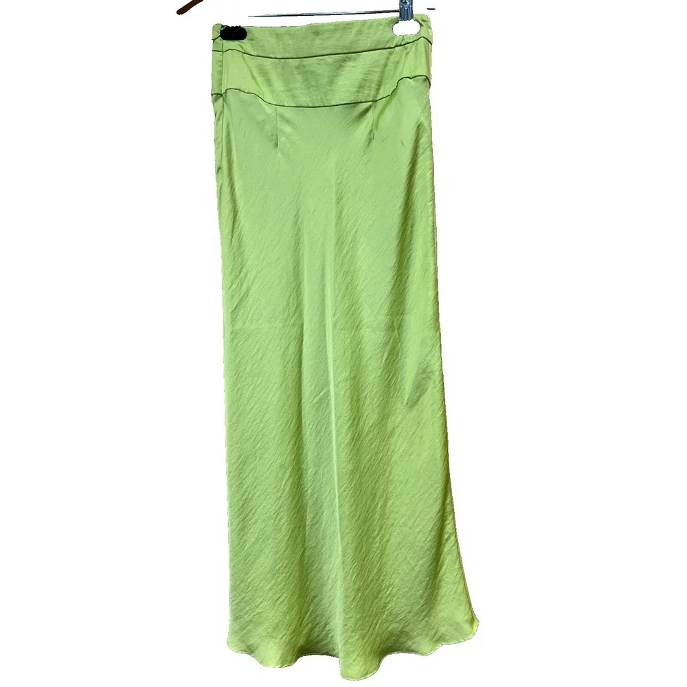 Free People Norman Bias Midi Skirt‎ Lime Green Silky Polyester Side Zip SZ 0