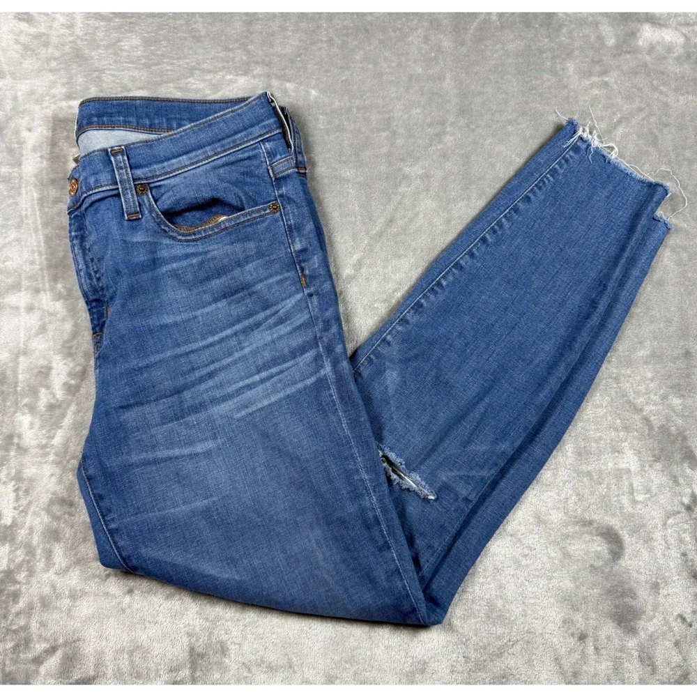 J.Crew Toothpick Jeans Womens Size 32 Distressed‎ Raw Hem Ripped Knee Blue
