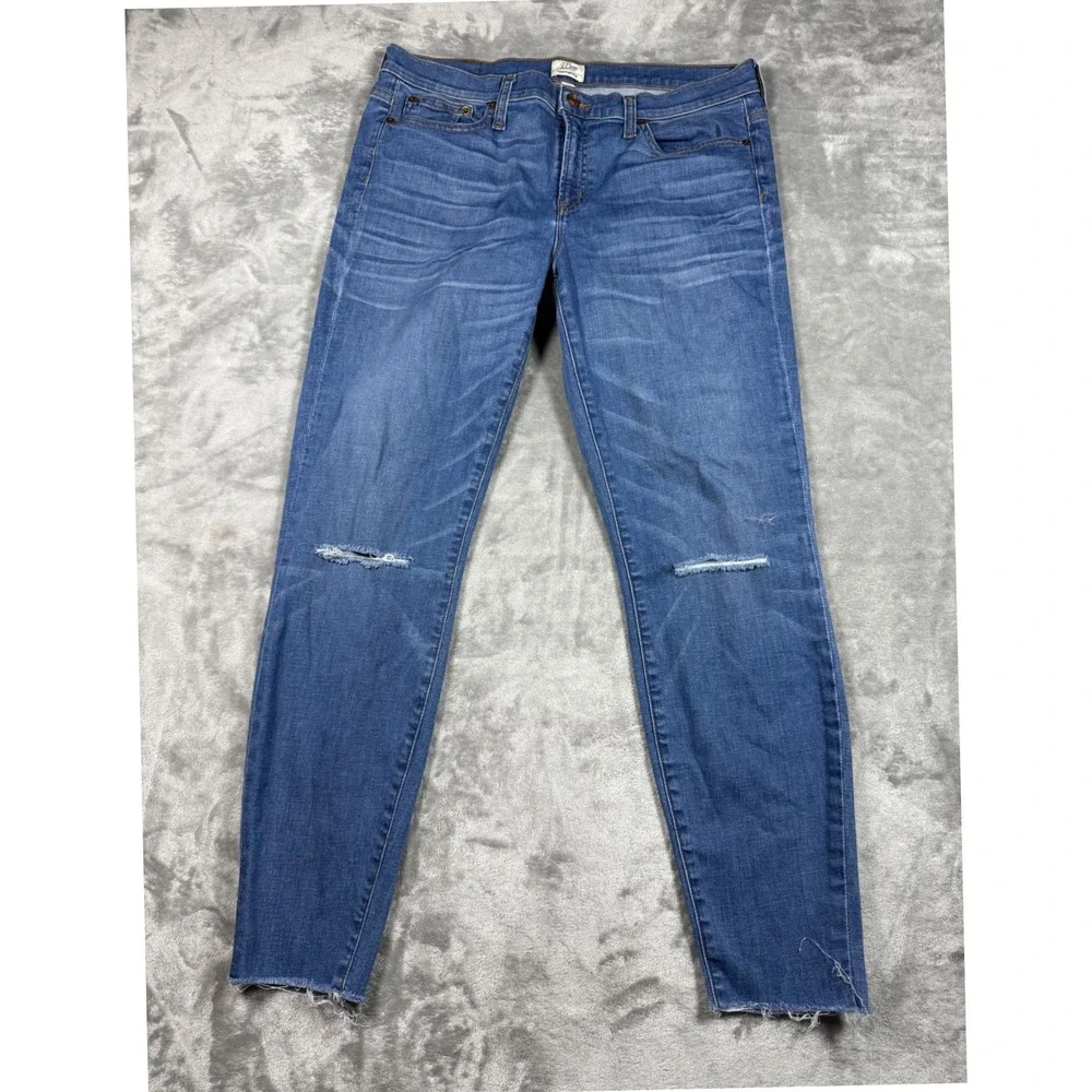 J.Crew Toothpick Jeans Womens Size 32 Distressed‎ Raw Hem Ripped Knee Blue