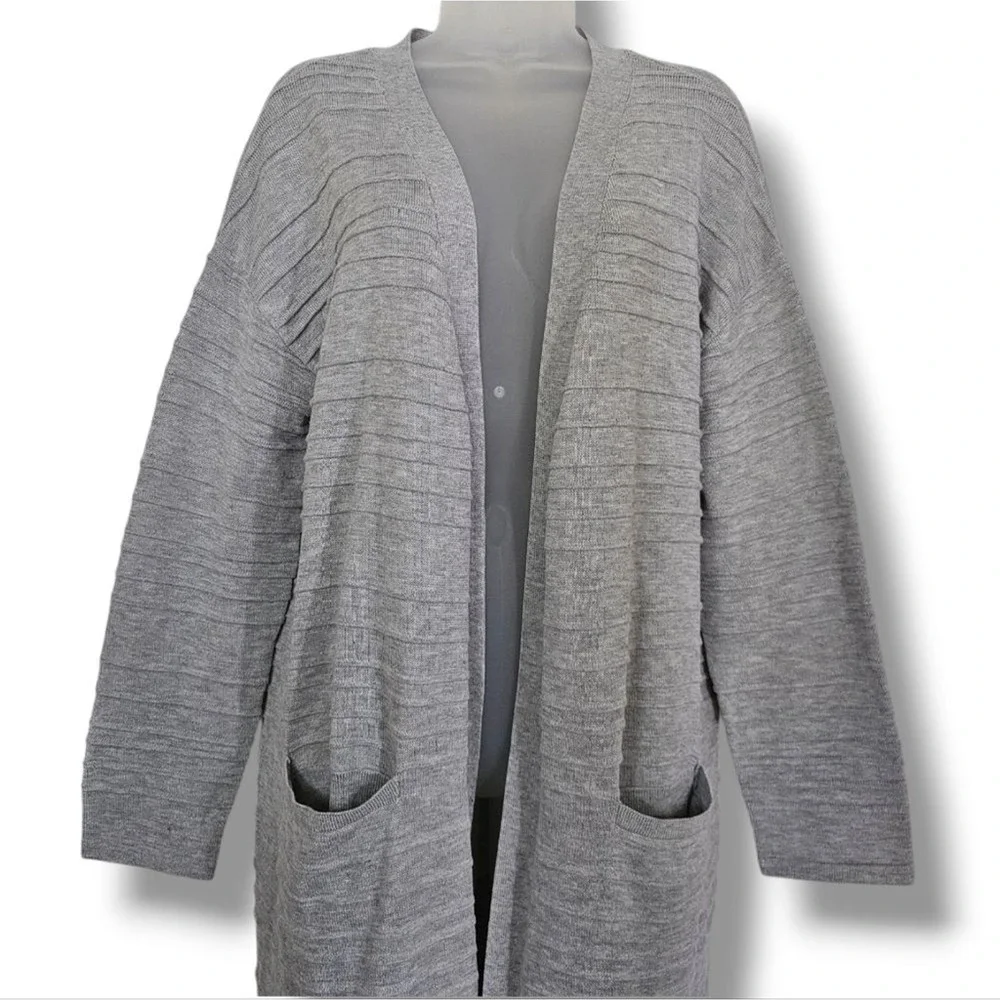 Cotton Emporium‎ Cardigan Sweater Womens Size 1X Gray Long Line Duster Pockets