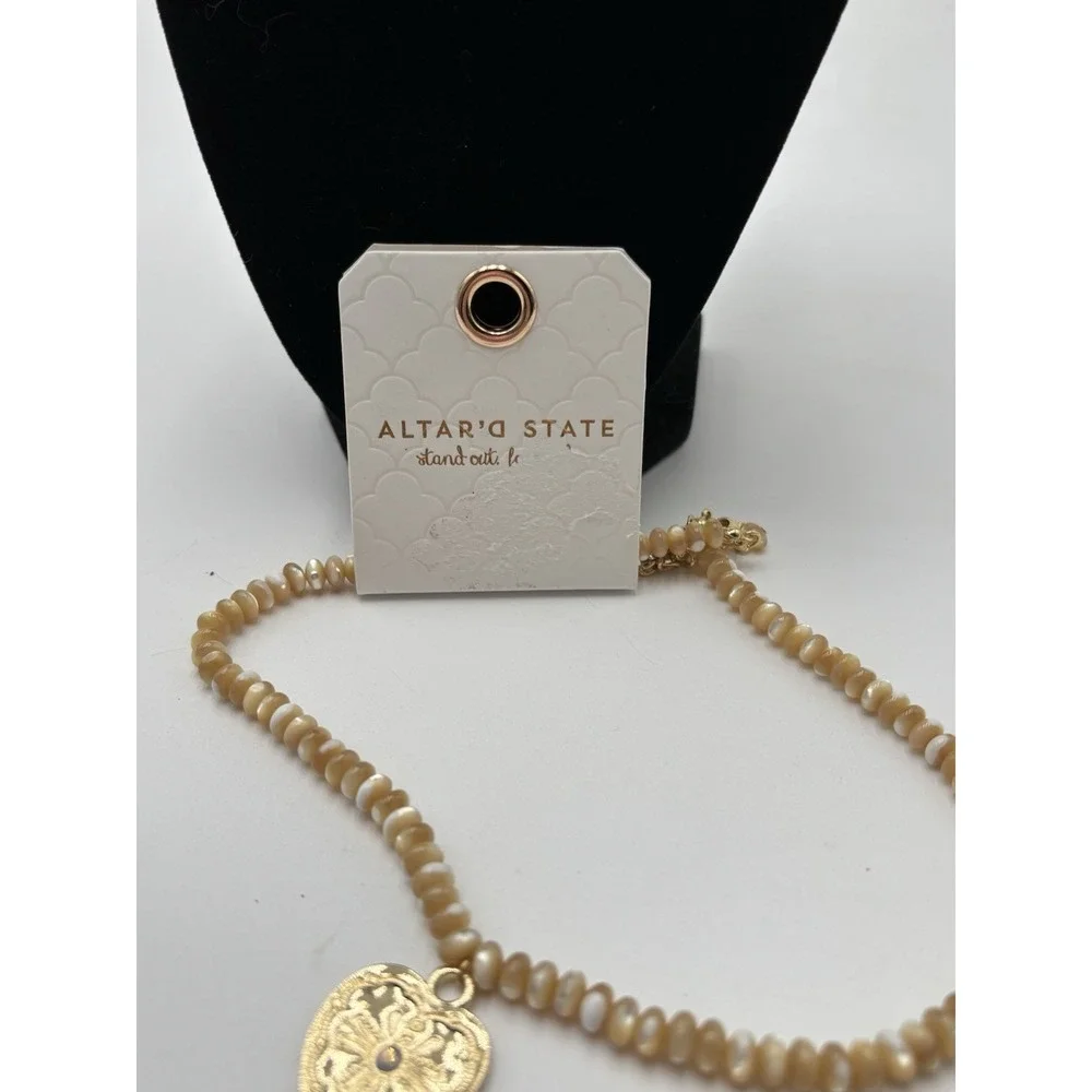 Altar'd State Beaded Necklace‎ Ivory Gold Heart Pendant Adjustable MSRP $38