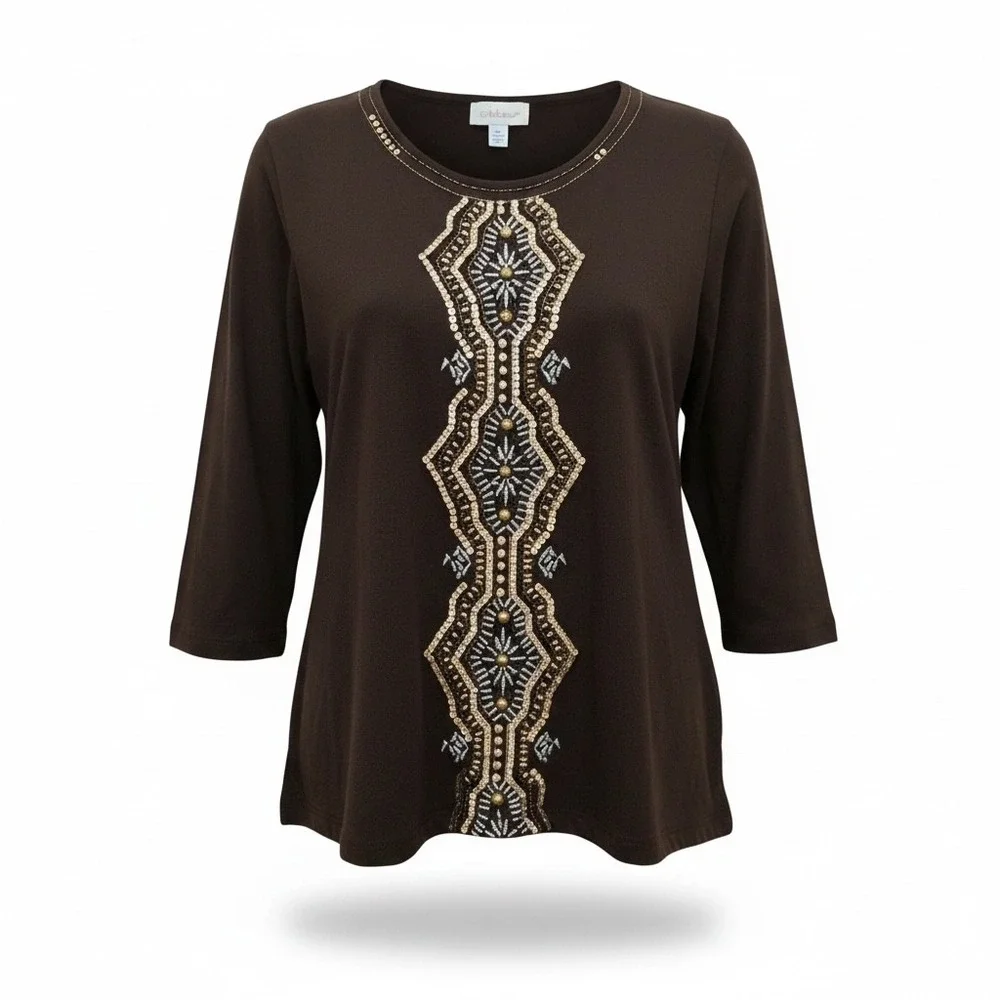 Alfred Dunner Womens Brown 3/4 Sleeve Embroidered Sequin Geometric Top Medium