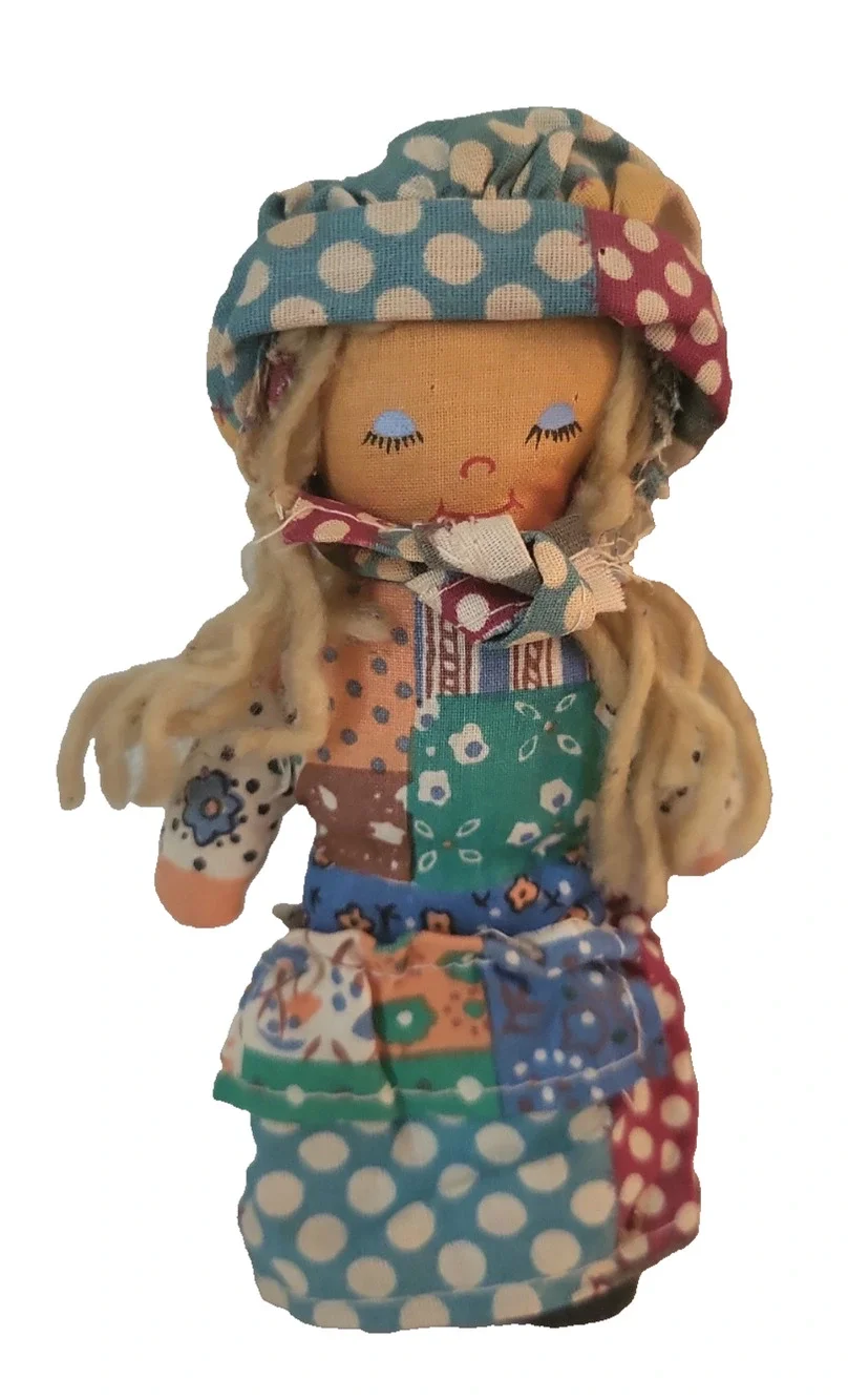 Vintage Ocean Toys cloth girl Rag Doll Yarn Hair Multicolor Patchwork Dress 6.5