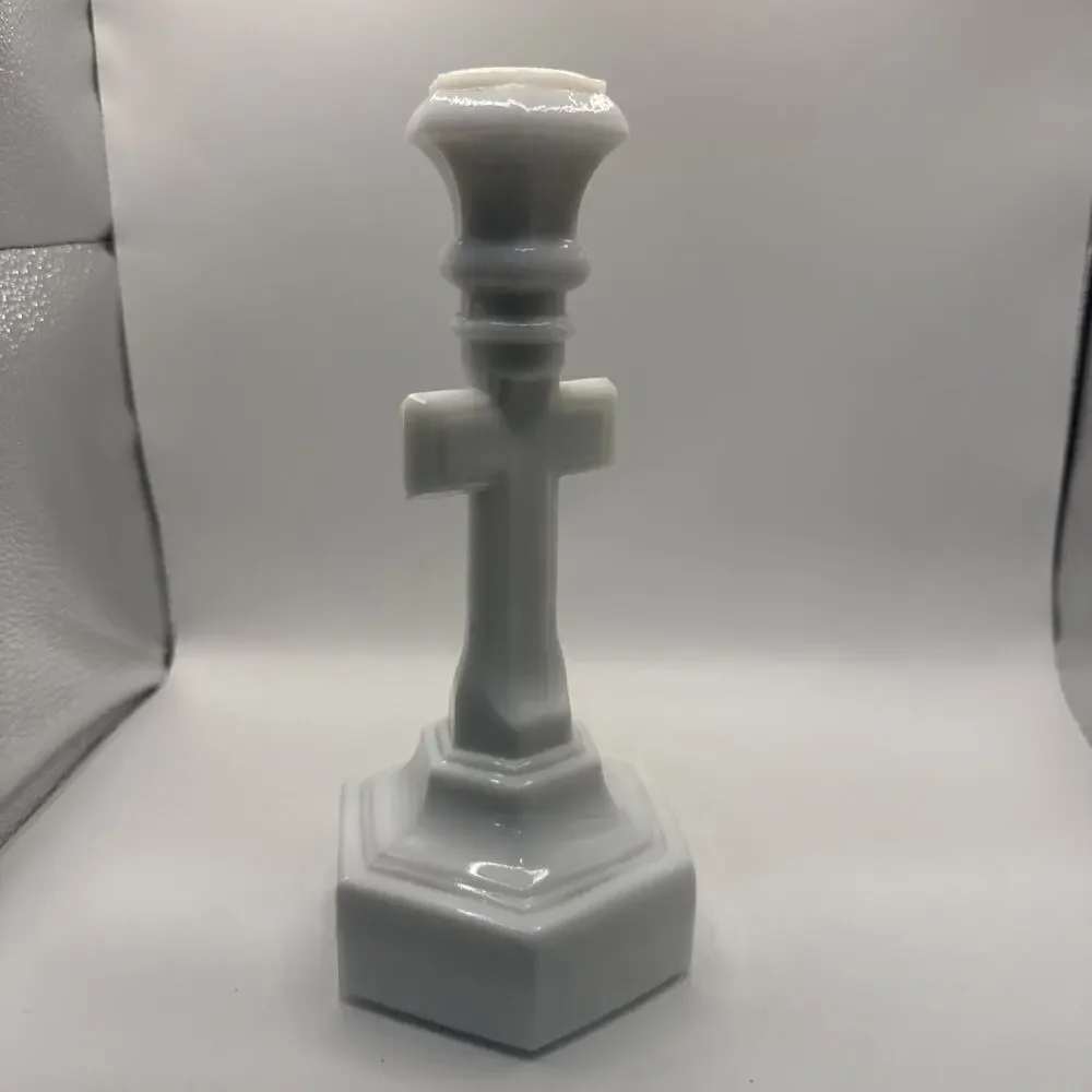 VTG Pressed Milk Glass, Crucifix Candlestick Holder 6 Sided Base *