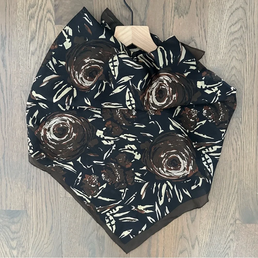 Lisa Corti Floral Abstract Printed 100% Silk Scarf Brown, Black, Cream 32.5