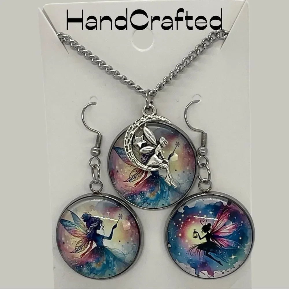 Hand Crafted Blue Pink Silver FairyCore Necklace Earrings Set NWT OS
