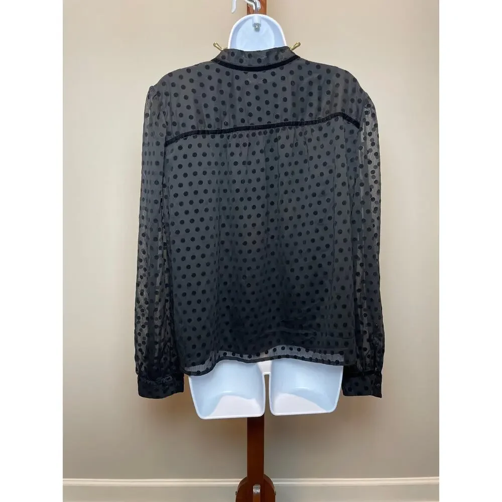Loft Black Chiffon Velvet Trim Puff Sleeve Sheer Dot Top Size XL New With Tag