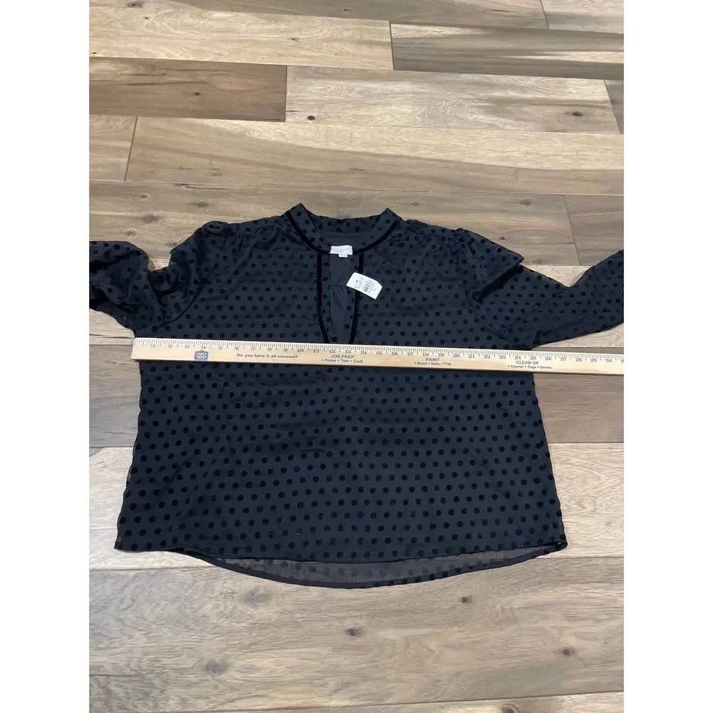 Loft Black Chiffon Velvet Trim Puff Sleeve Sheer Dot Top Size XL New With Tag