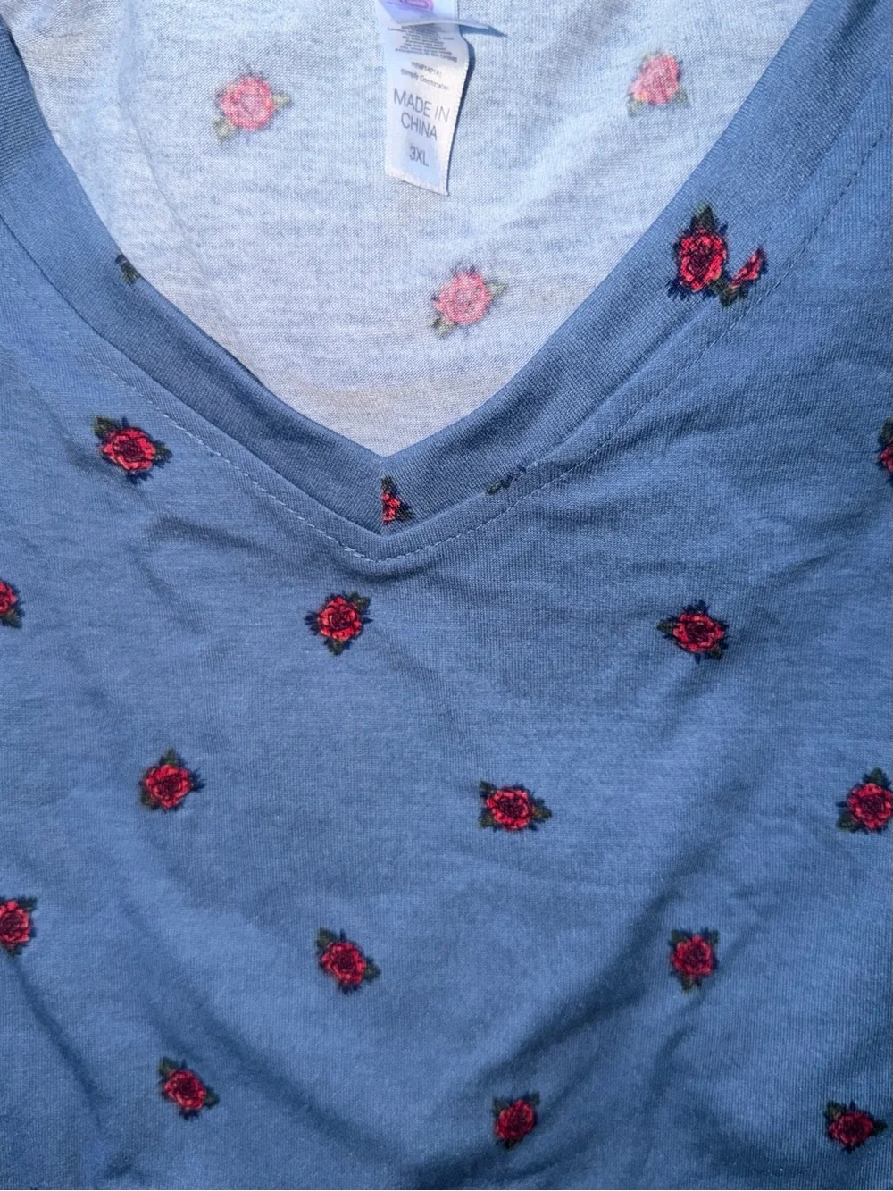 LuLaRoe Blue V-Neck Sweater with Red Rose Embroidery