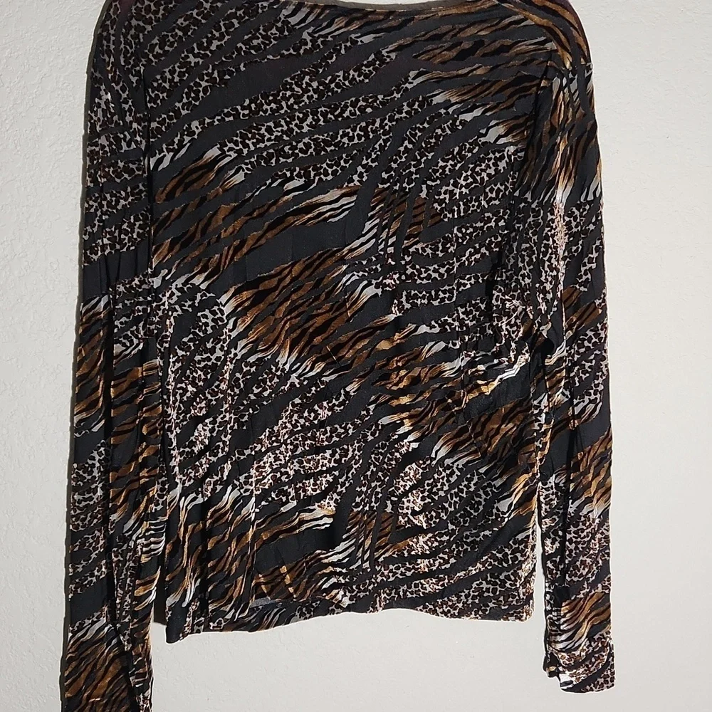 Francesca Rose Top Animal Print Long Sleeve Top blouse size L see-through it