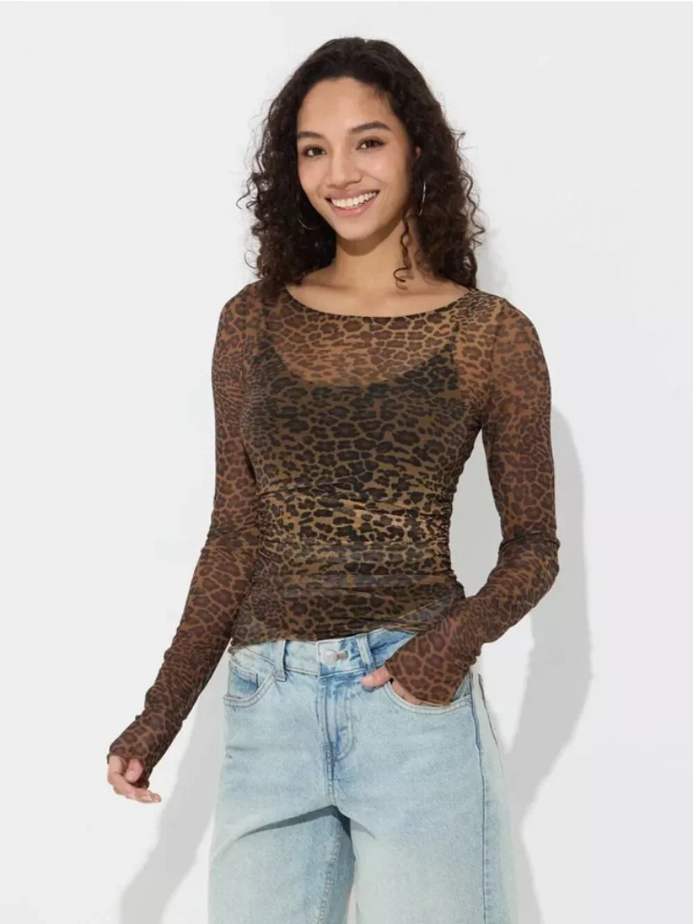 Women's Long Sleeve Boat Neck Mesh Top - Wild Fable Brown Leopard Print S