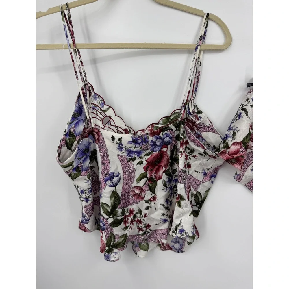 Vtg Victoria's Secret Pajama Set L White Floral Gold Label Camisole‎ Tap Shorts