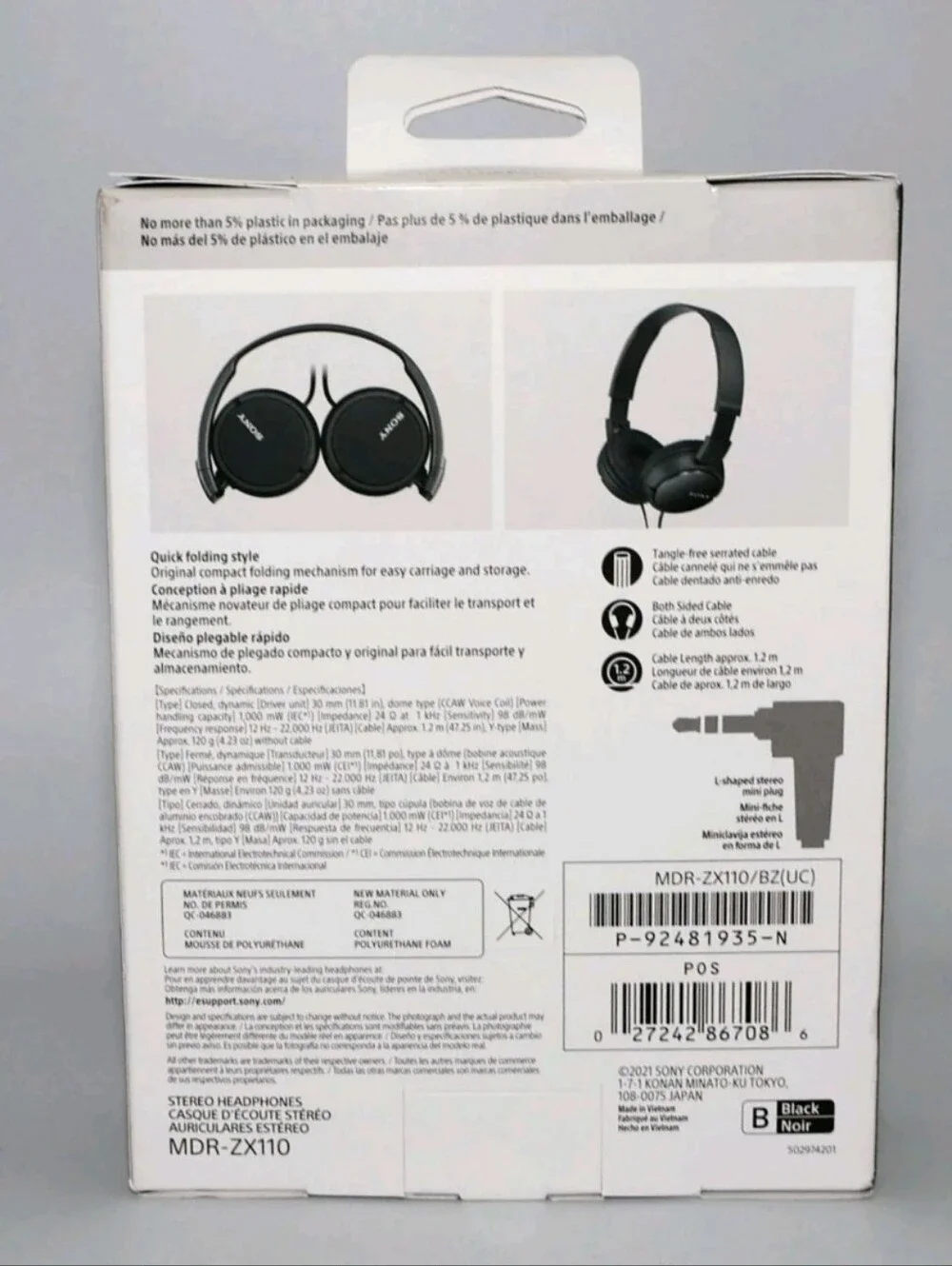 SONY Wired On-Ear Stereo Headphones, Black (MDR-ZX110) Brand New Factory Sealed