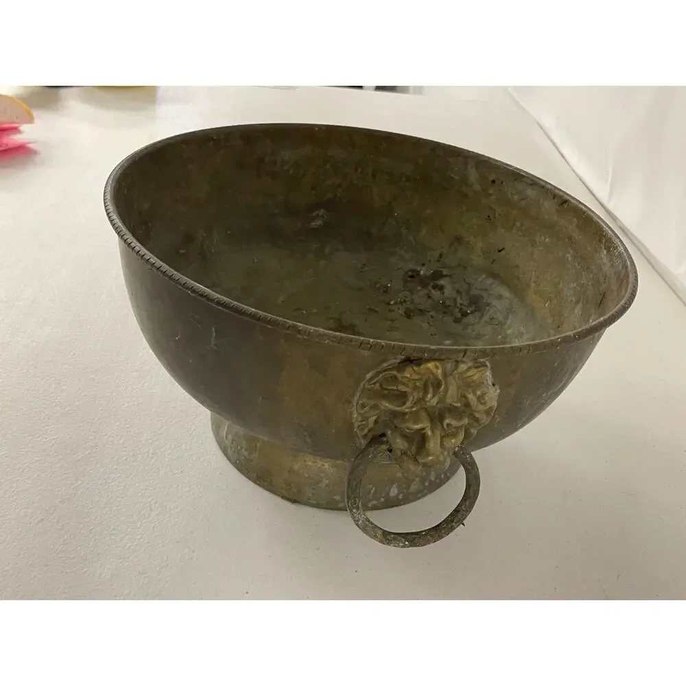 Old Antique/Vintage Middle Eastern Copper Etched Footed Bowl Lion Head Ring
